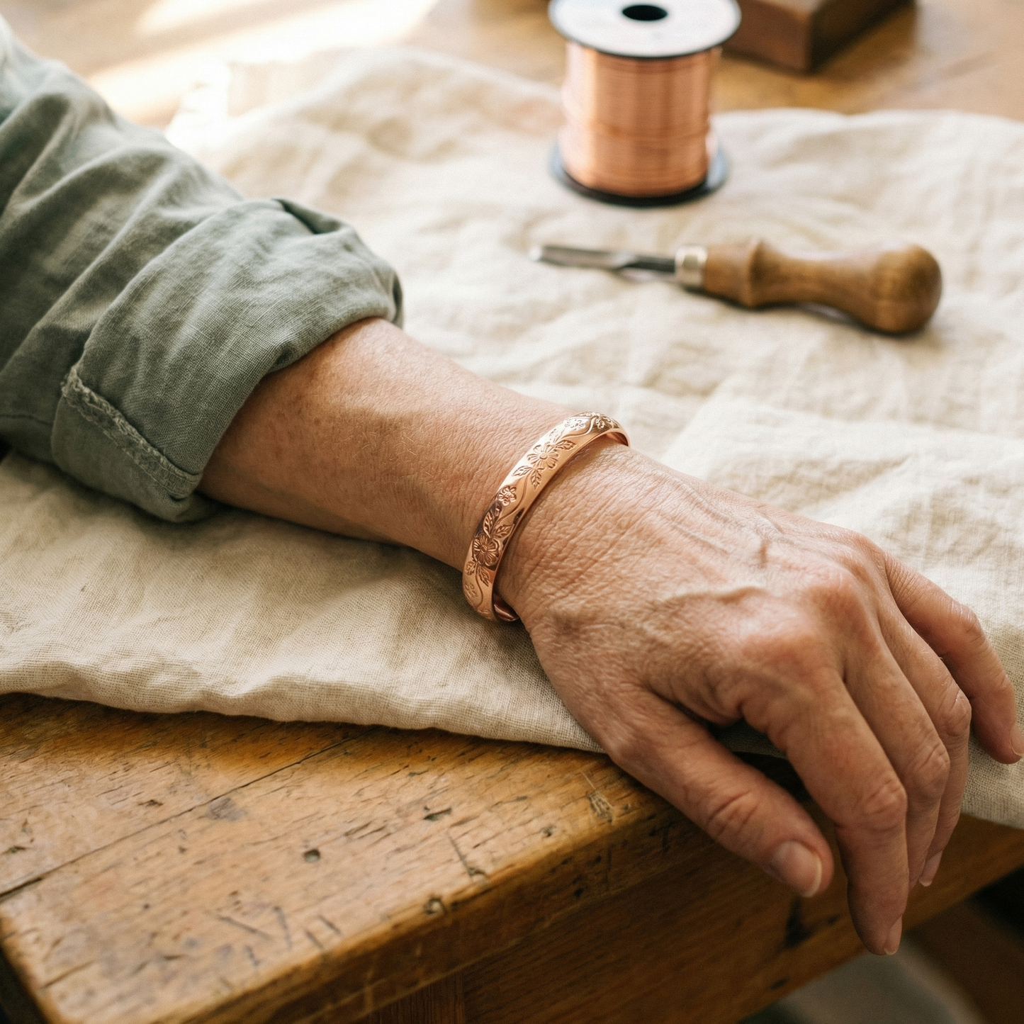 BLOOM | Engraved Vine & Flower Copper Bracelet