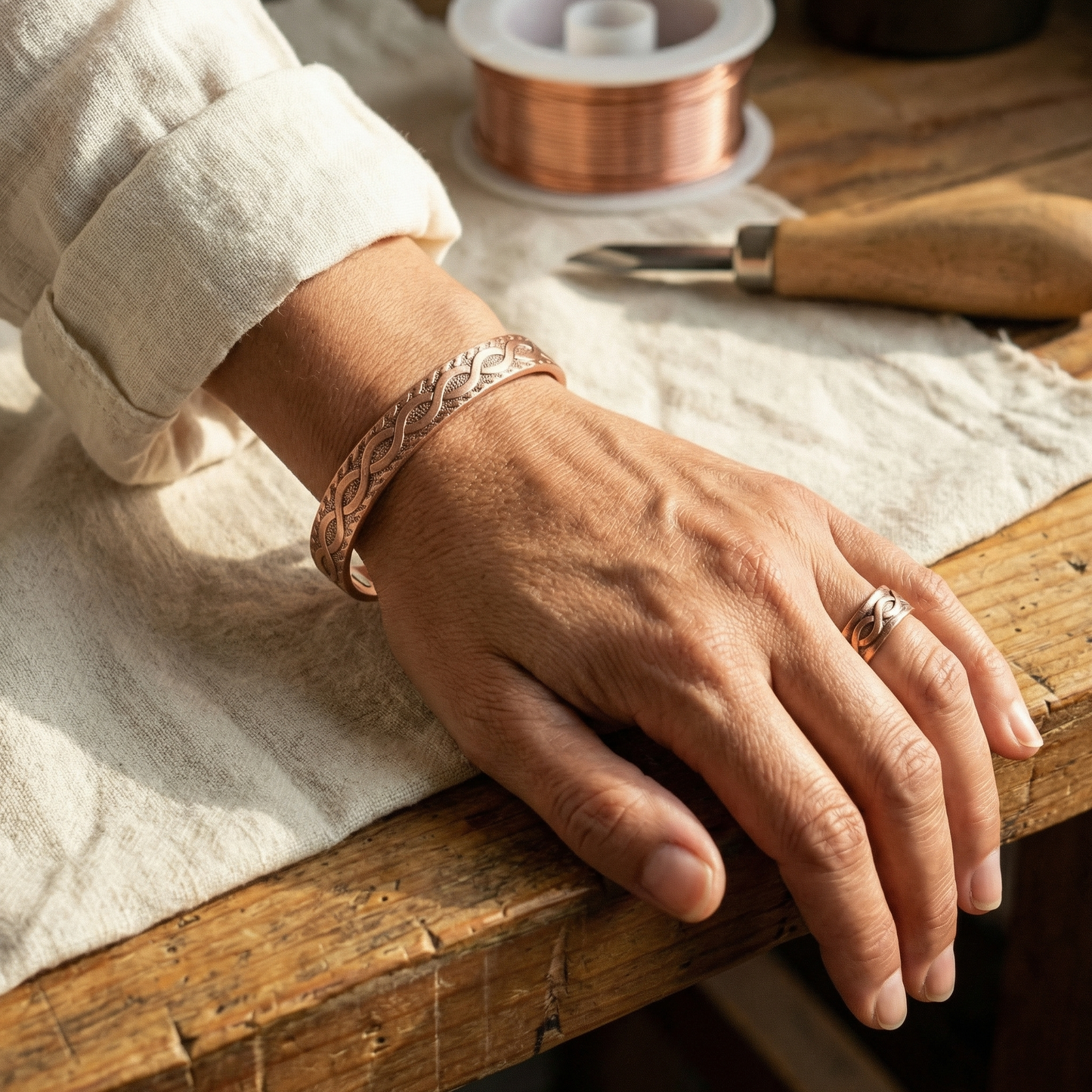 KNOT | Engraved Copper Ring & Bracelet Set